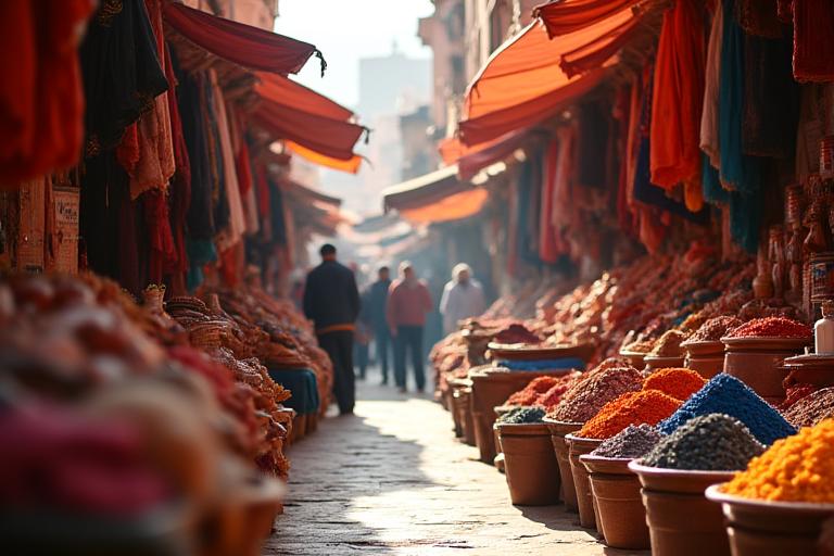 A bustling and colorful souk market in Marrakech, Morocco.