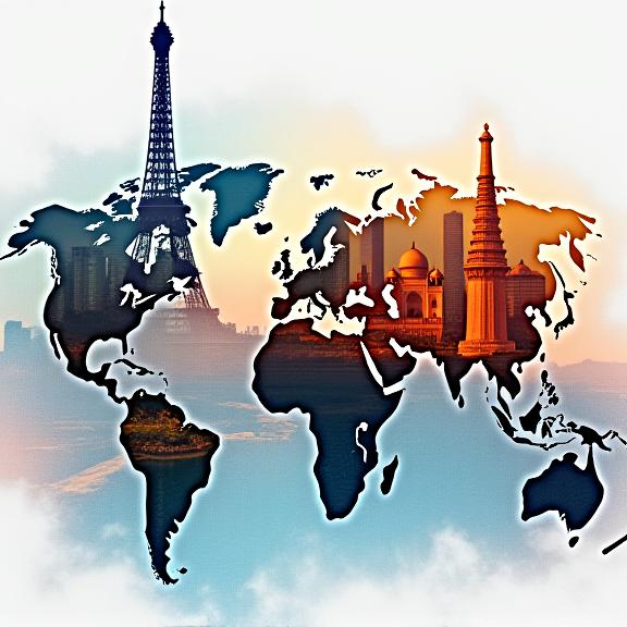 A vibrant collage of famous landmarks from different continents.