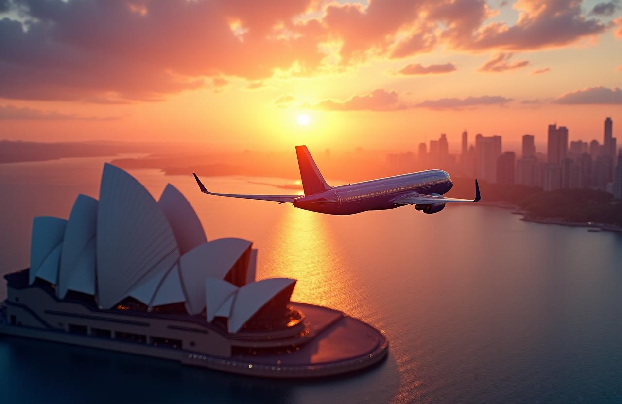 An aerial view of an airplane flying over the Sydney Opera House at sunrise.