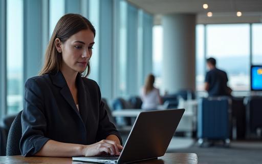 A businessperson in an airport lounge working on a laptop.