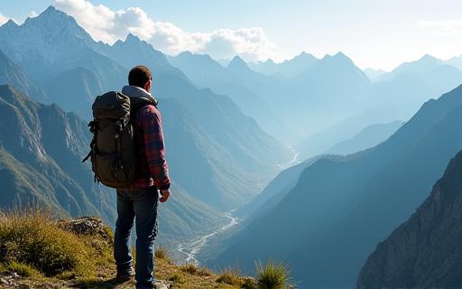 A backpacker looking at a mountain range.